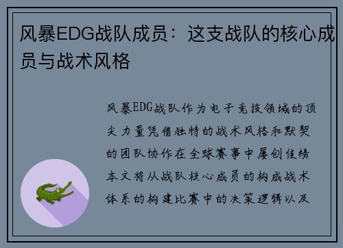 风暴EDG战队成员：这支战队的核心成员与战术风格