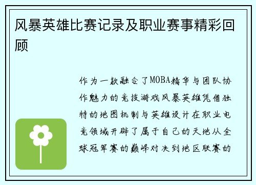 风暴英雄比赛记录及职业赛事精彩回顾